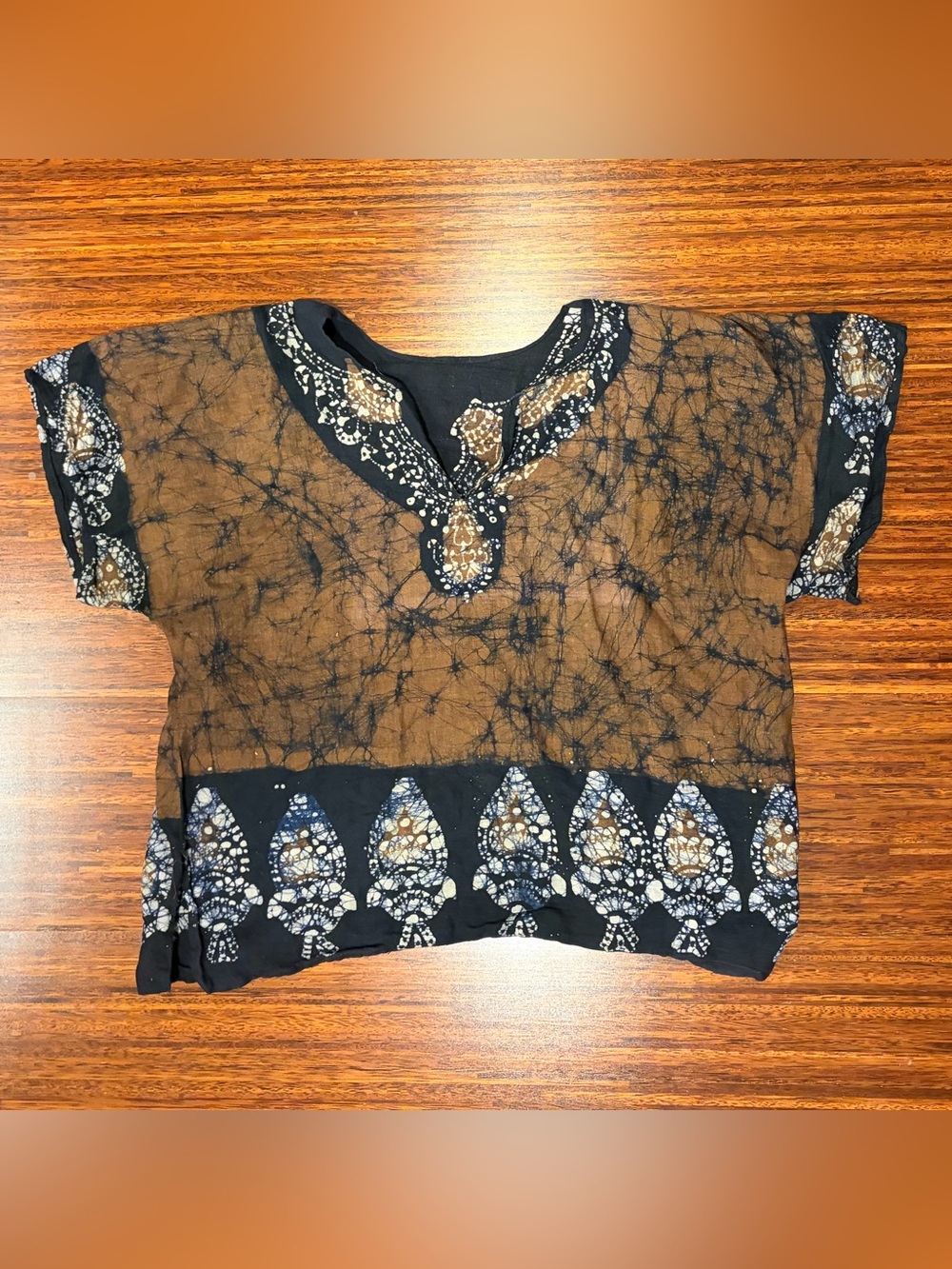 Batik-Style Earth Tone Cropped Cotton Top Breezy Boho Small / Medium EUC